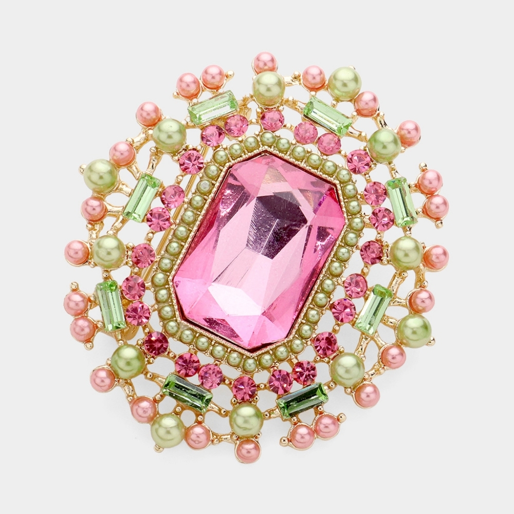 Green Pink Crystal Rectangle Glass Stone Big Large Statement Brooch Pin Pearl